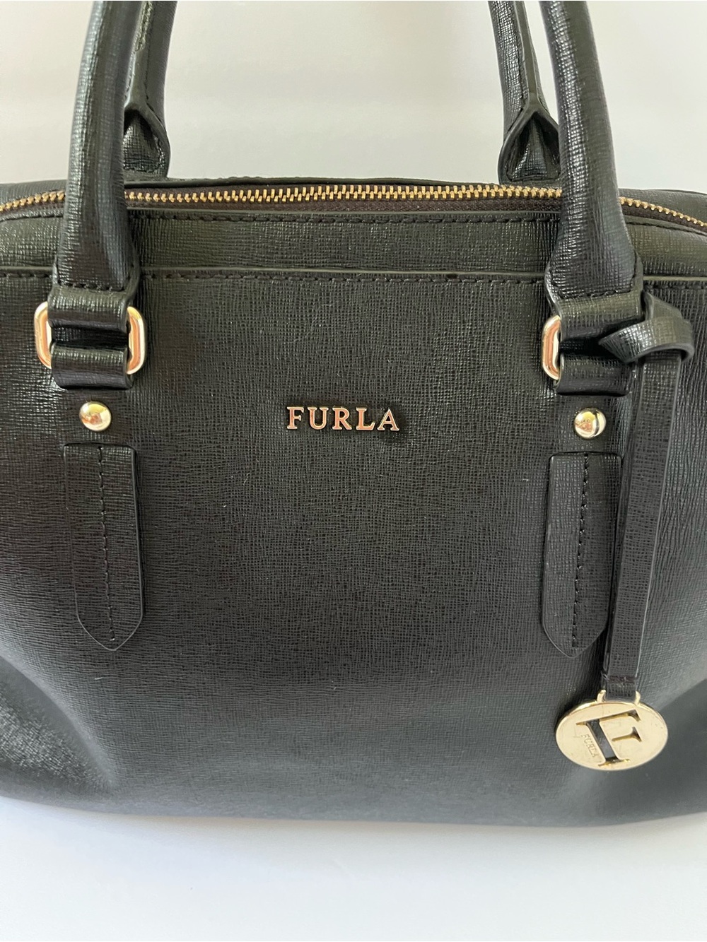 Furla Elena Black Saffiano Leather Satchel Gold Hardware Logo Charm Bottom Studs